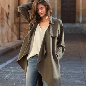 Garnet Hill Silk Linen Drapey Open Waterfal Belted Green Trench Coat Duster M 12